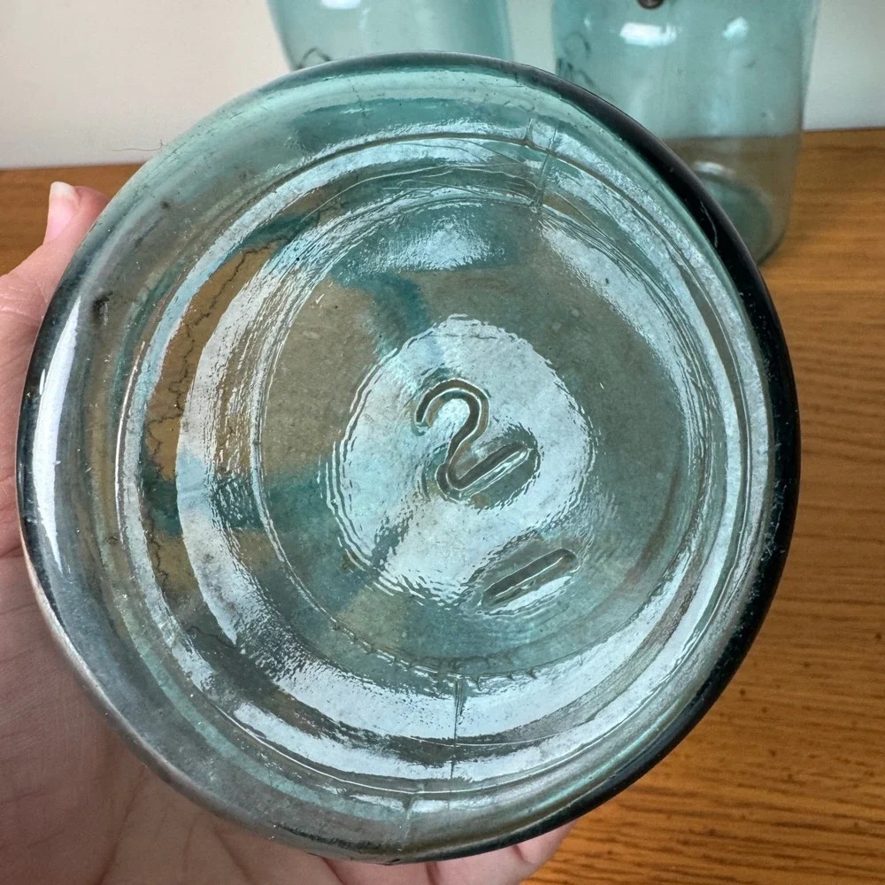 Set of 4 Antique Vintage 1900-1923 Aqua‎ Blue Ball Mason Jars Quart